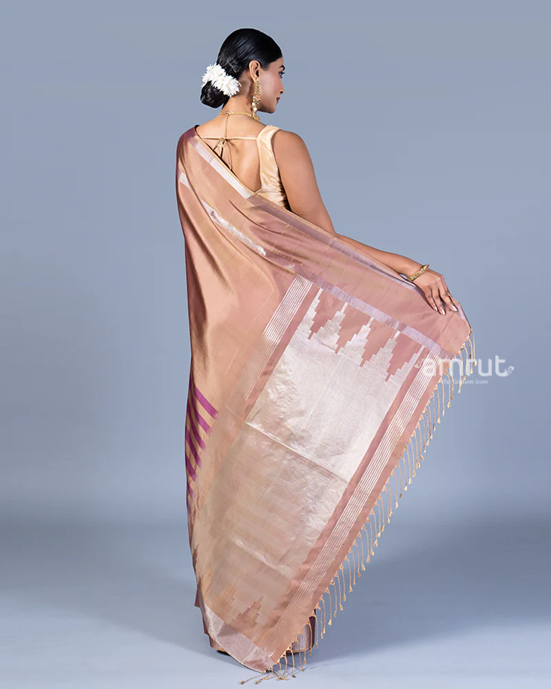 Beige-Taupe and Purple-Maroon Striped Saree with Unstitched Blouse - Image 5