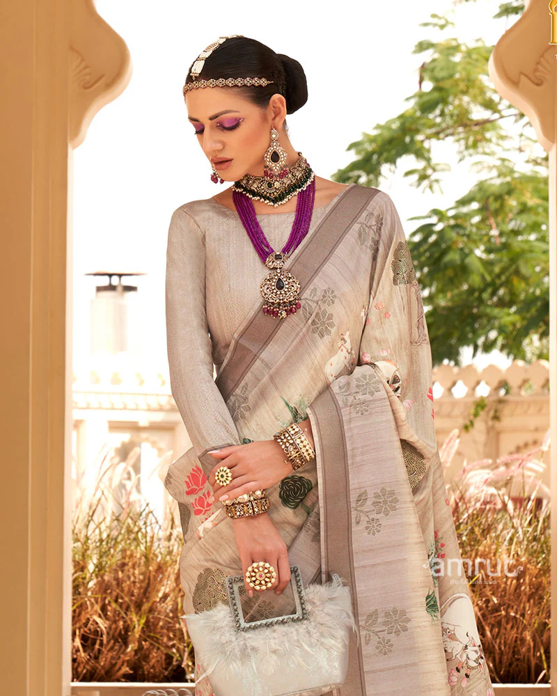 Beige with Light Brown Border Printed Saree and Unstitched Blouse - Image 2