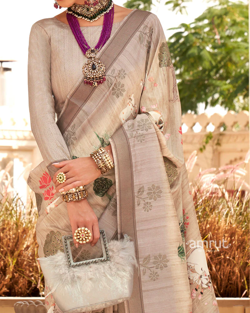 Beige with Light Brown Border Printed Saree and Unstitched Blouse - Image 3