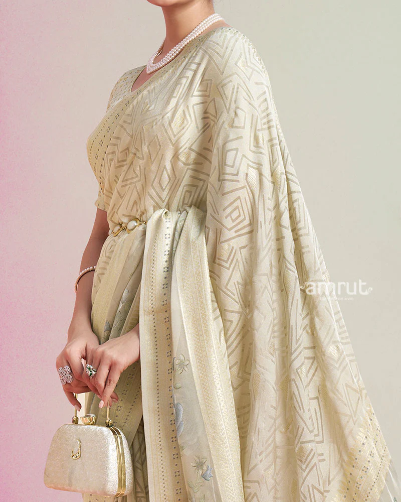 Beige with Pastel Printed Saree with Unstitched Blouse - Image 3