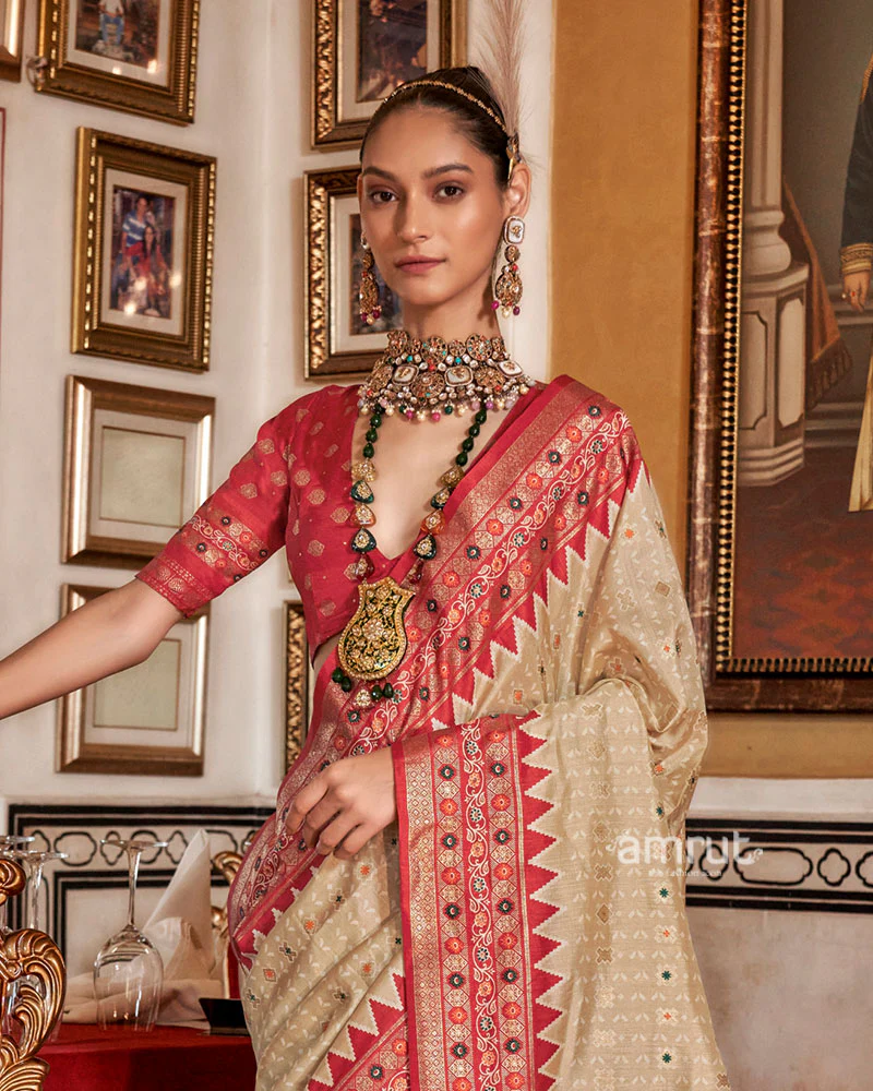 Beige with Red Floral Motifs Printed Border Saree and Unstitched Blouse - Image 2