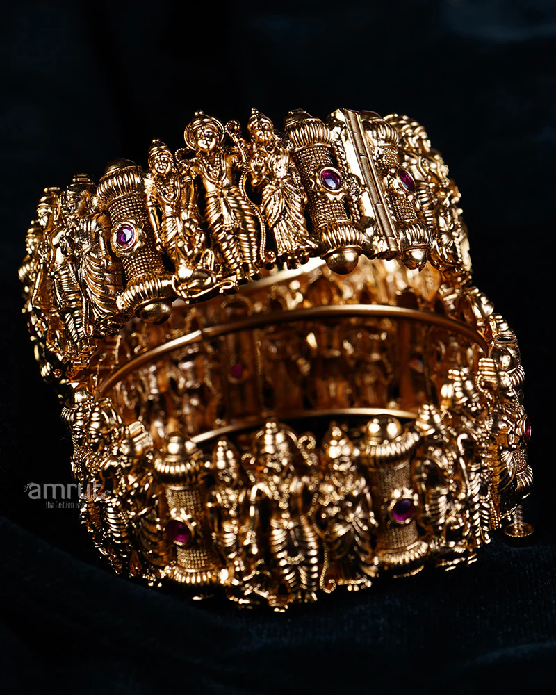 Bhagwan Ram Carving and Red Gemstone Accents Gold Toned Bangles - Image 2