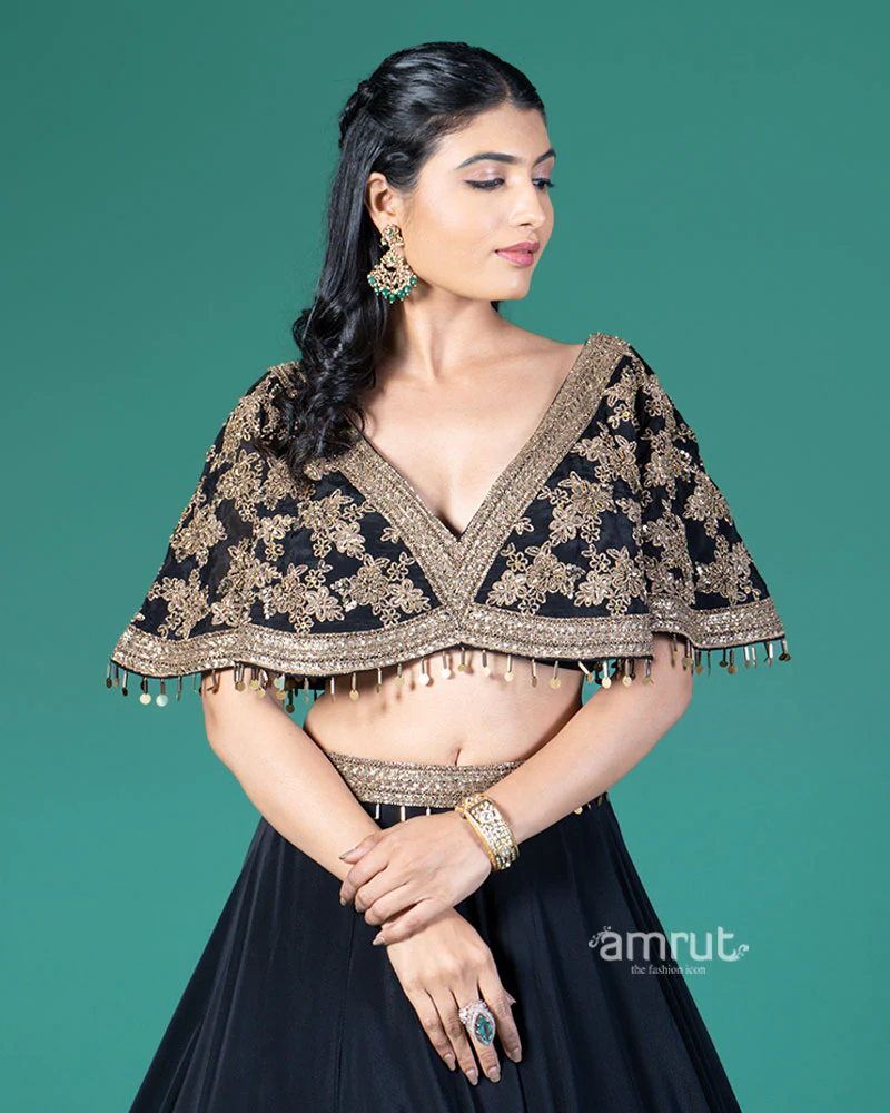 Black and Gold Embroidered Lehenga Choli with Feather Design - Image 2
