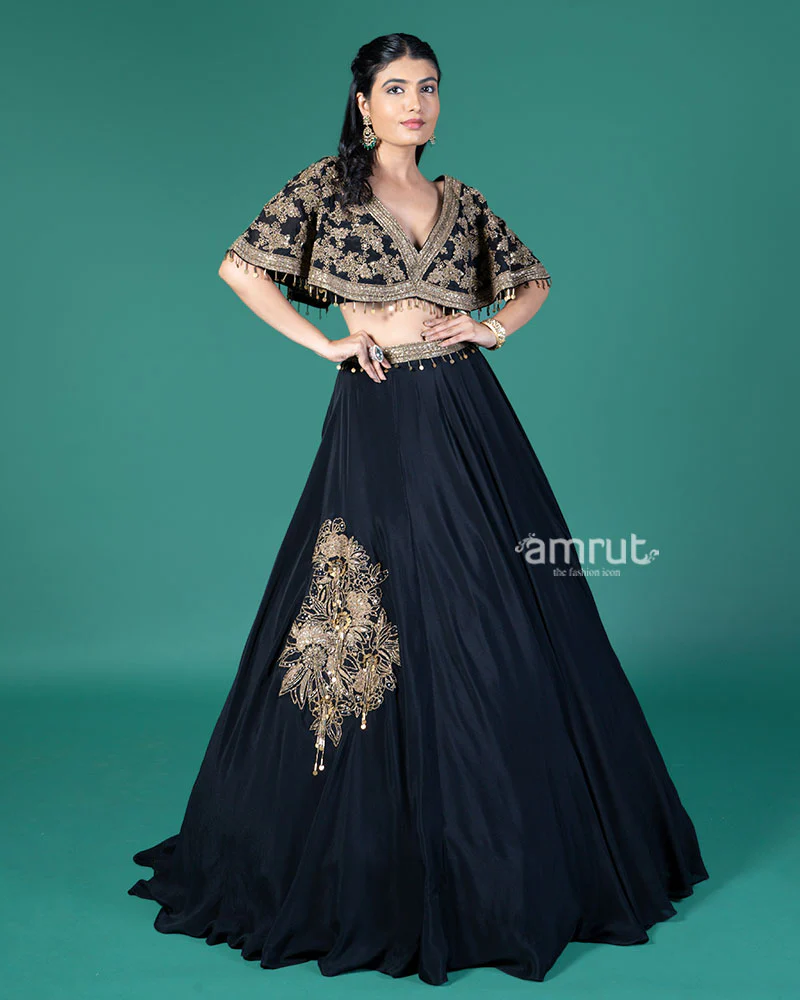 Black and Gold Embroidered Lehenga Choli with Feather Design - Image 4