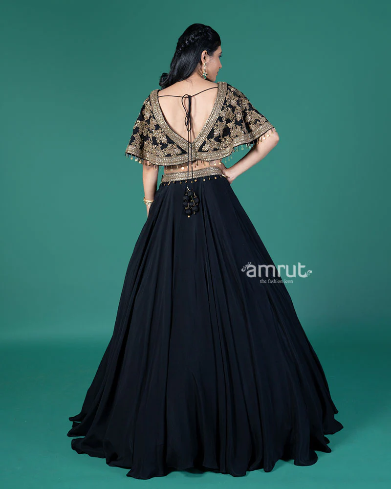 Black and Gold Embroidered Lehenga Choli with Feather Design - Image 5