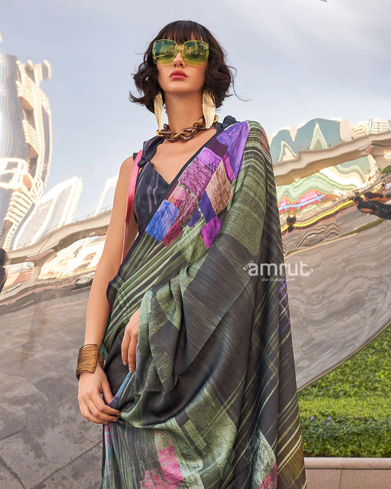 Black and Multicolor Digital Print Satin Saree with Unstitched Blouse - Image 2