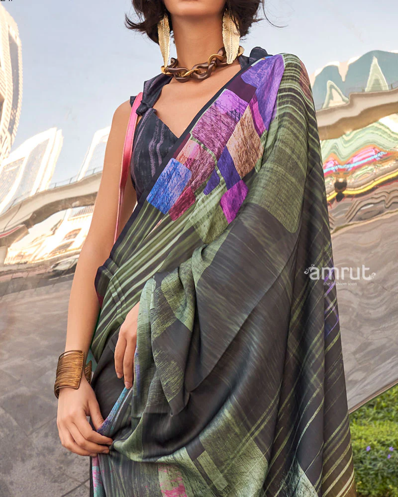 Black and Multicolor Digital Print Satin Saree with Unstitched Blouse - Image 3