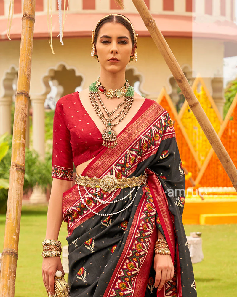 Black and Red Printed Patola Silk Saree with Zari Border and Unstitched Blouse - Image 2