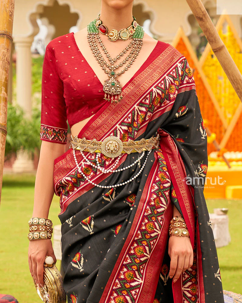 Black and Red Printed Patola Silk Saree with Zari Border and Unstitched Blouse - Image 3