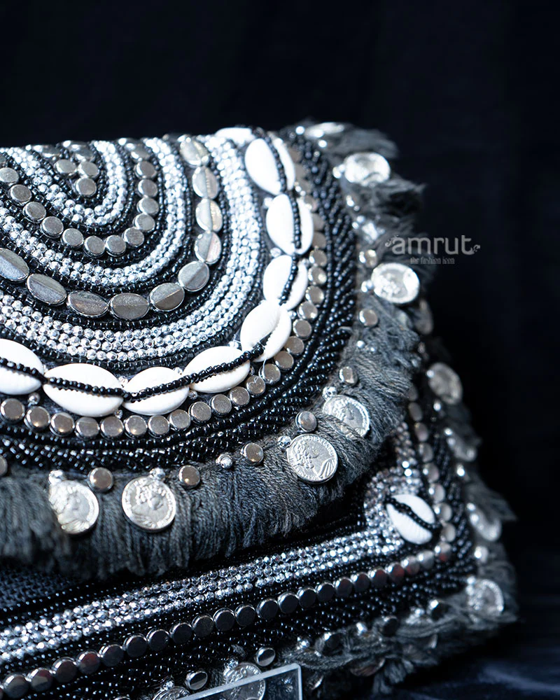 Black and White Beaded with Fringe and Coin Accents Handbag - Image 2
