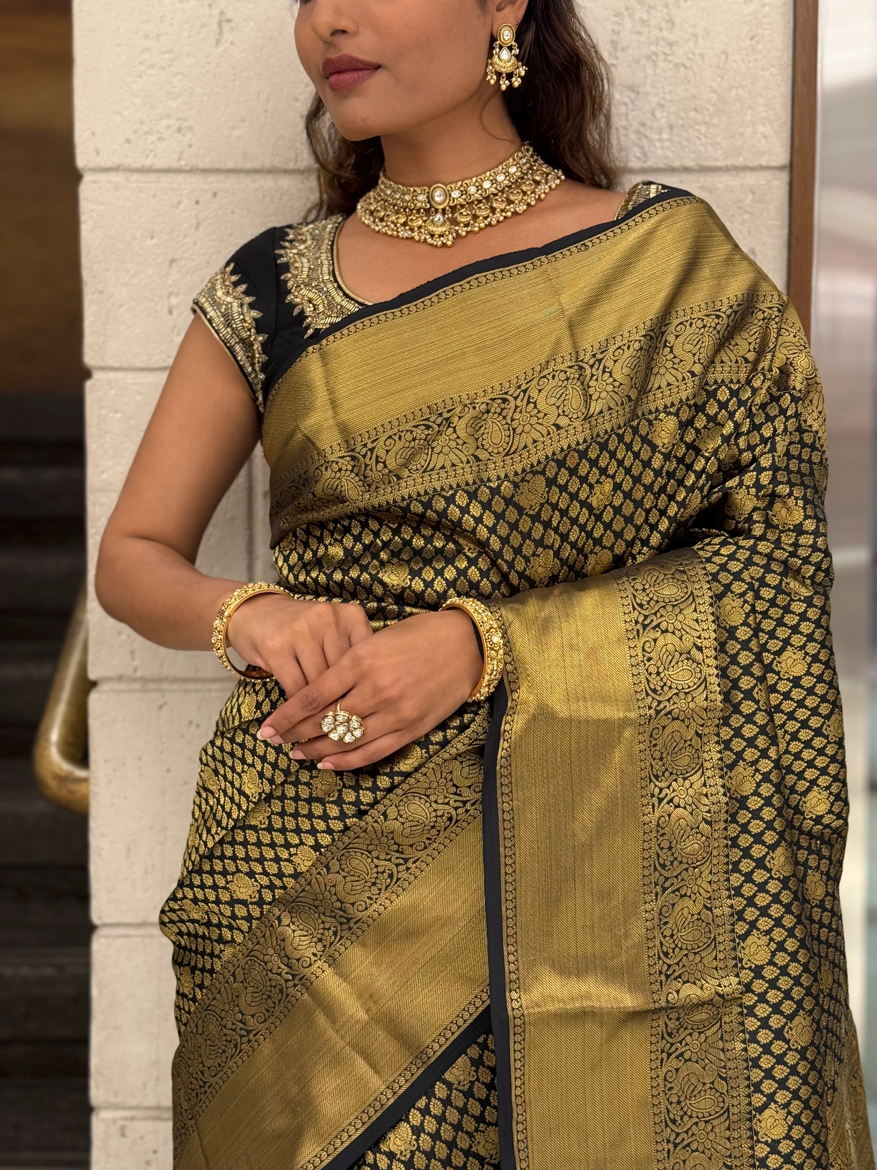 Black & Antique Gold Banarasi Silk Saree with Rich Zari Weaving - Image 2