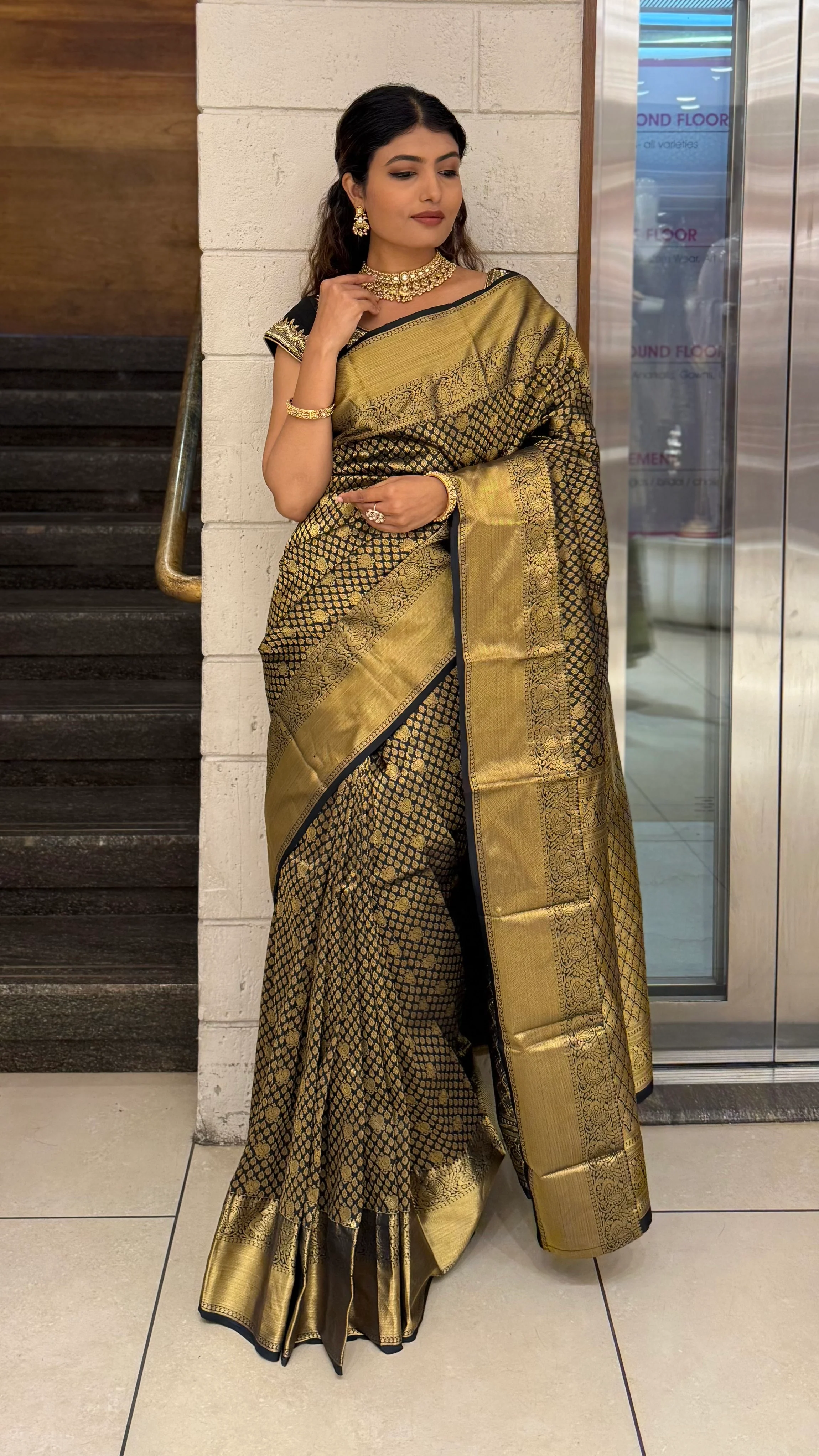 Black & Antique Gold Banarasi Silk Saree with Rich Zari Weaving - Image 3