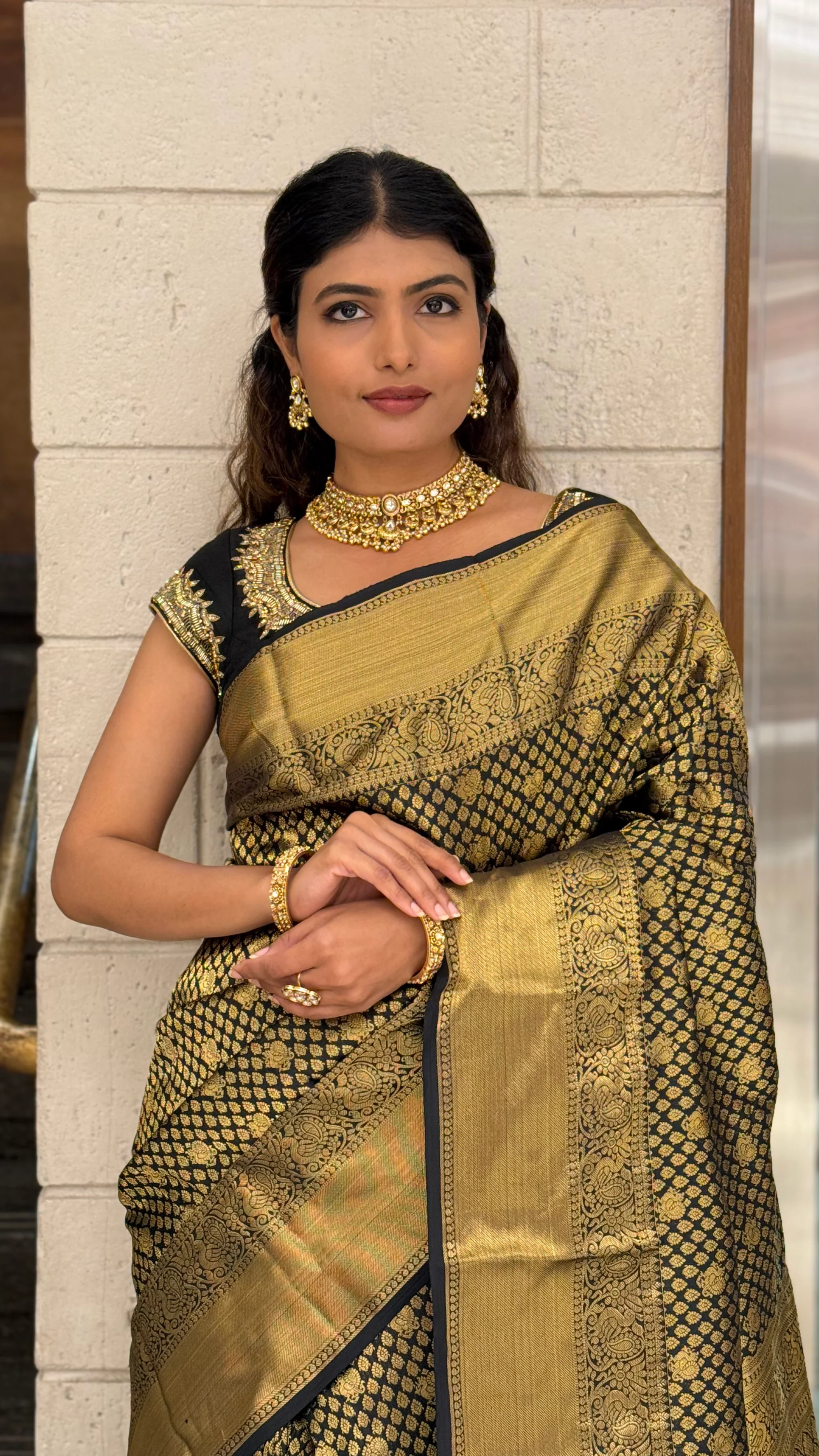 Black & Antique Gold Banarasi Silk Saree with Rich Zari Weaving - Image 5
