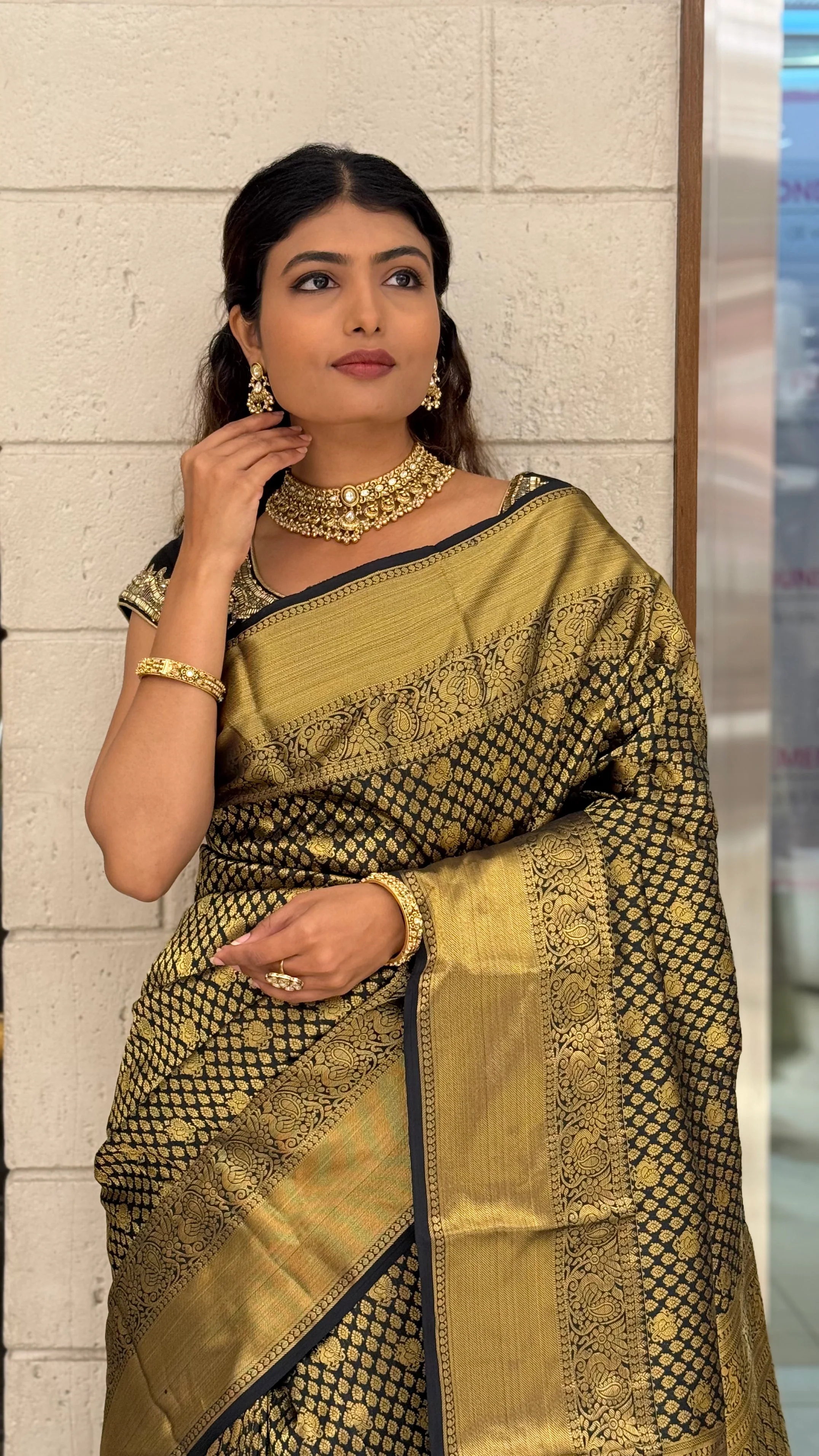 Black & Antique Gold Banarasi Silk Saree with Rich Zari Weaving - Image 6
