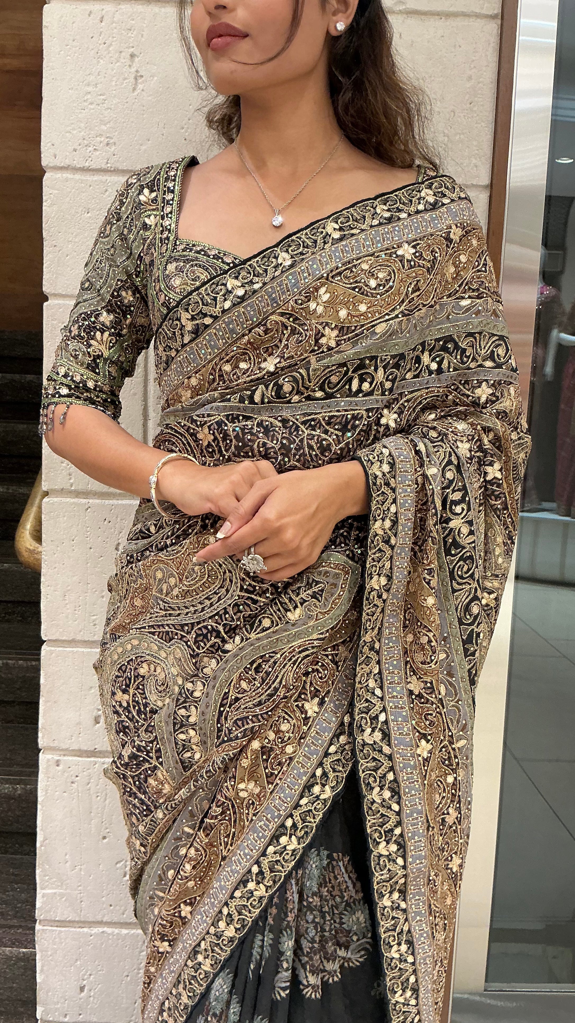 Black & Antique Gold Heavy Embroidered Designer Saree with Statement Border - Image 2