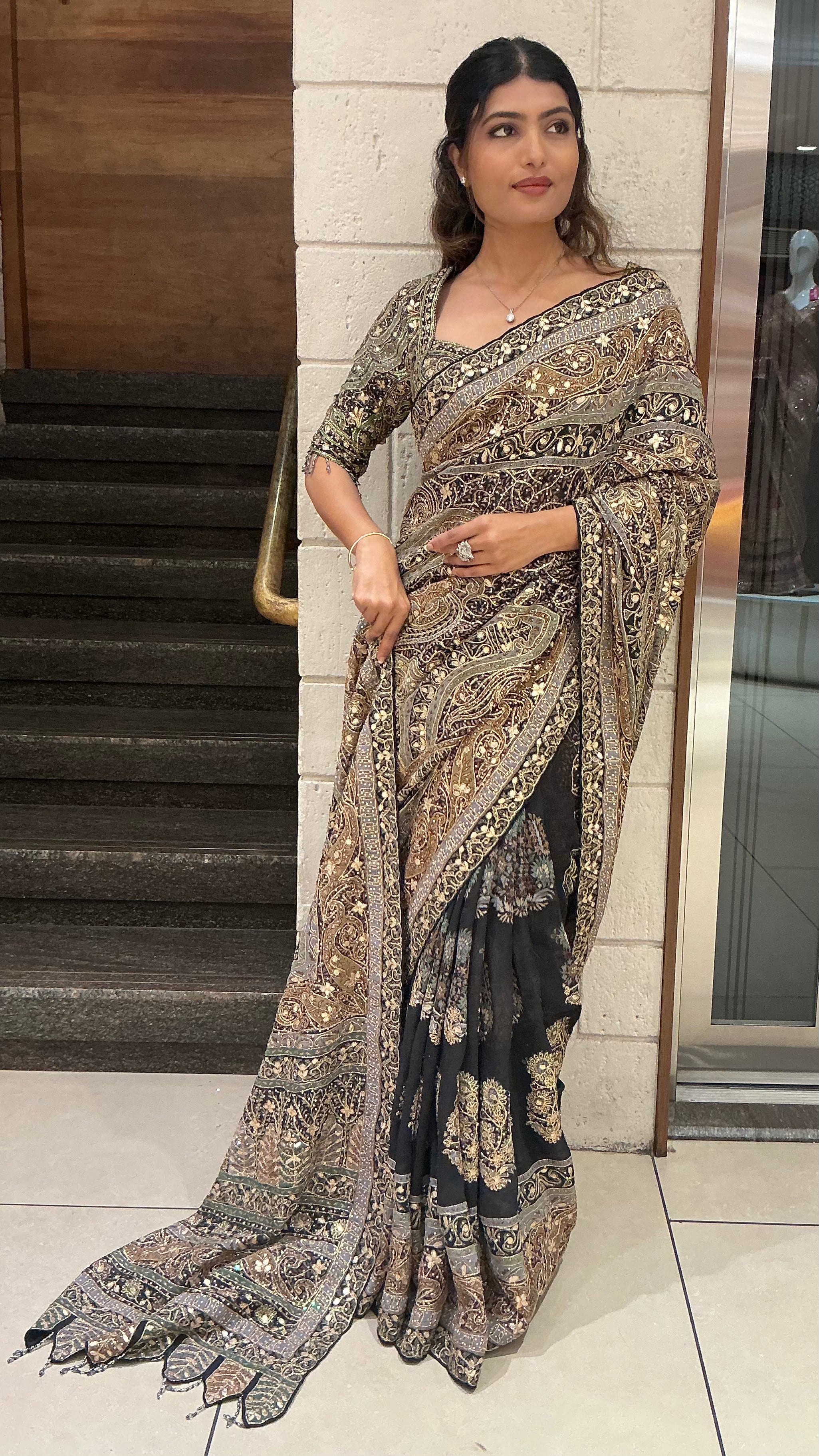 Black & Antique Gold Heavy Embroidered Designer Saree with Statement Border - Image 3