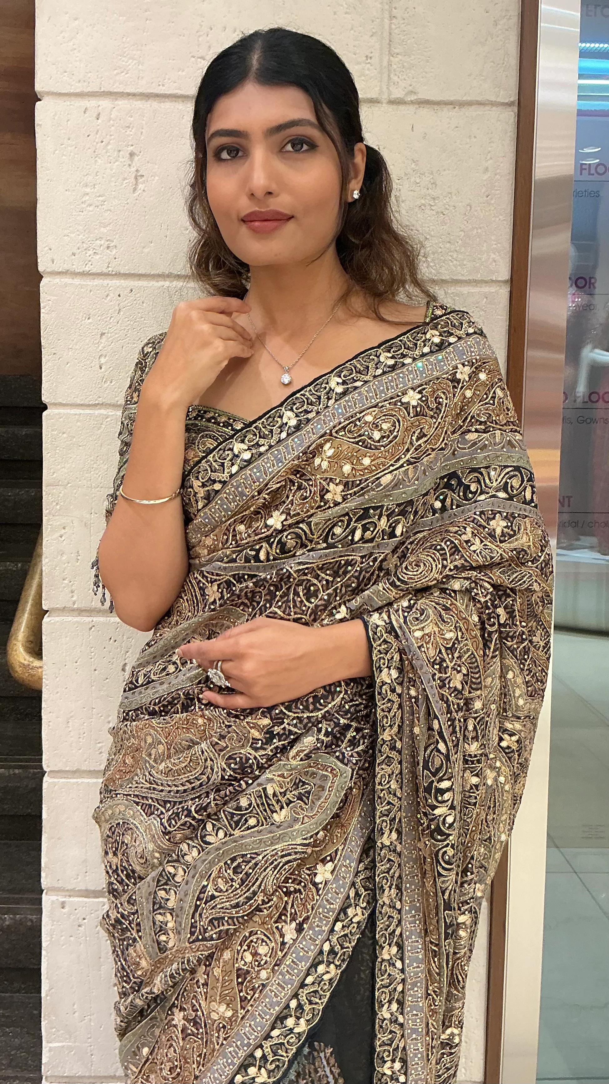 Black & Antique Gold Heavy Embroidered Designer Saree with Statement Border - Image 4