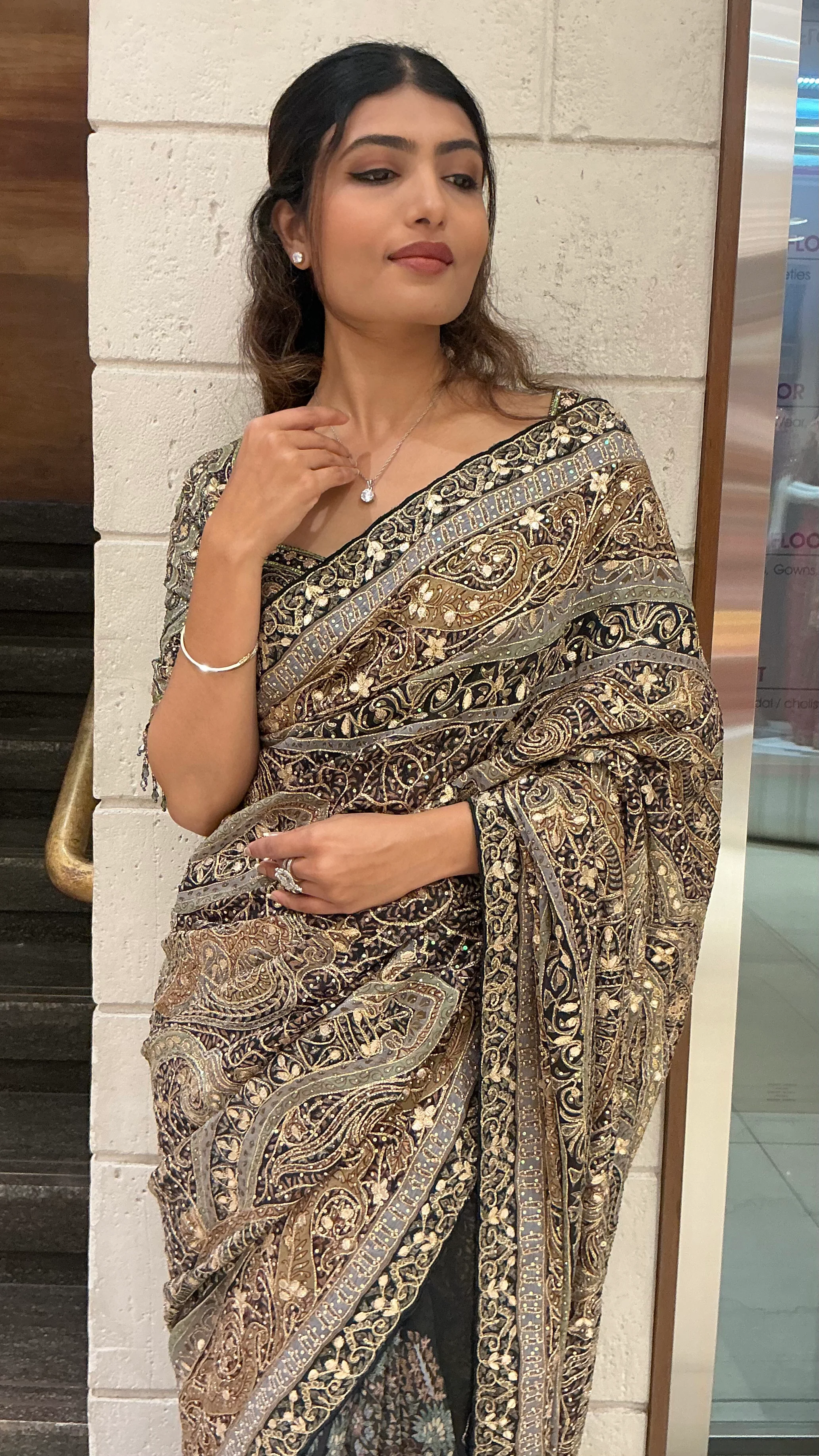 Black & Antique Gold Heavy Embroidered Designer Saree with Statement Border - Image 5