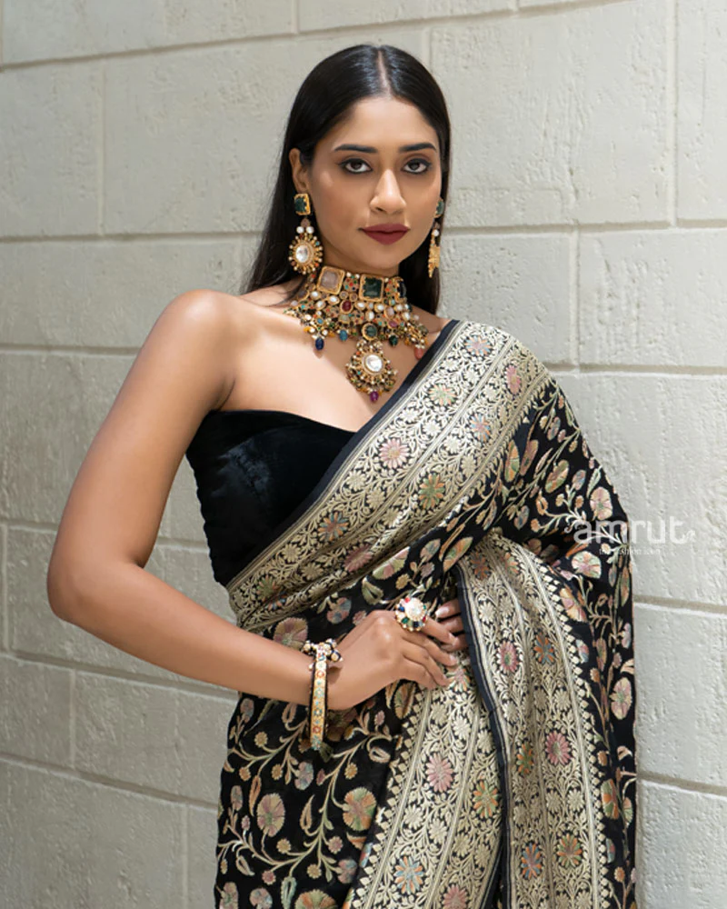 Black Banarasi Georgette Saree with Multicolor Zari Weave and Unstitched Blouse - Image 2