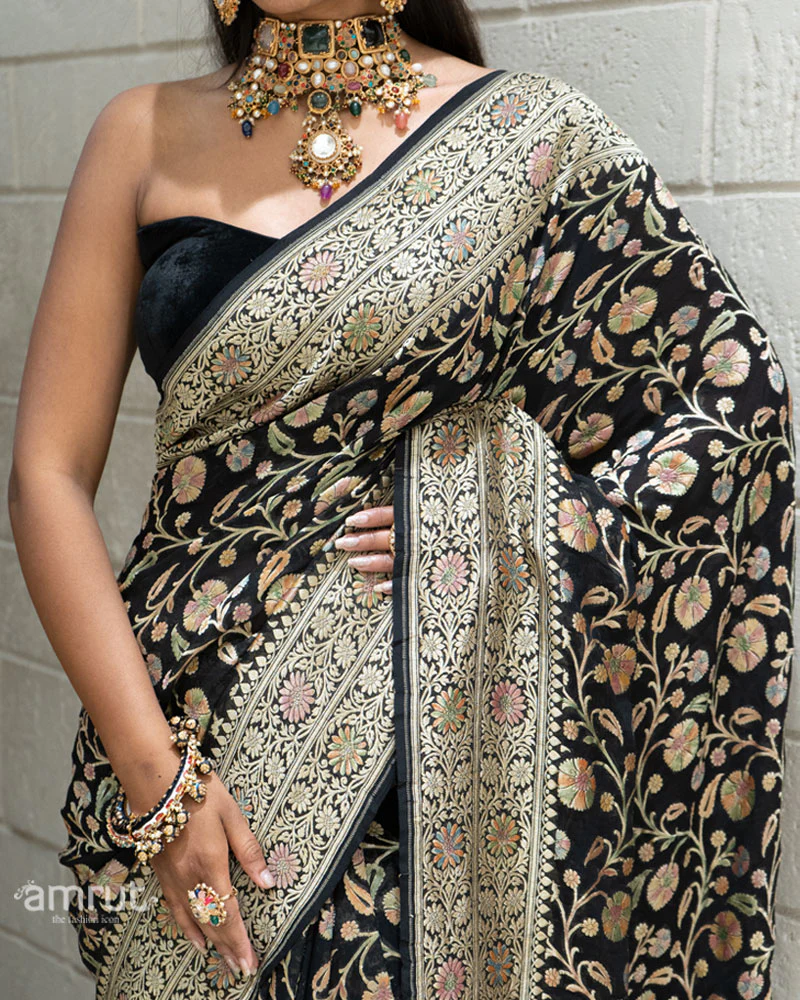Black Banarasi Georgette Saree with Multicolor Zari Weave and Unstitched Blouse - Image 3
