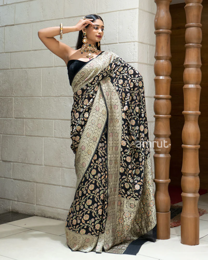 Black Banarasi Georgette Saree with Multicolor Zari Weave and Unstitched Blouse - Image 4