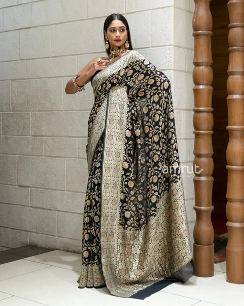 Black Banarasi Georgette Saree with Multicolor Zari Weave and Unstitched Blouse - Image 5
