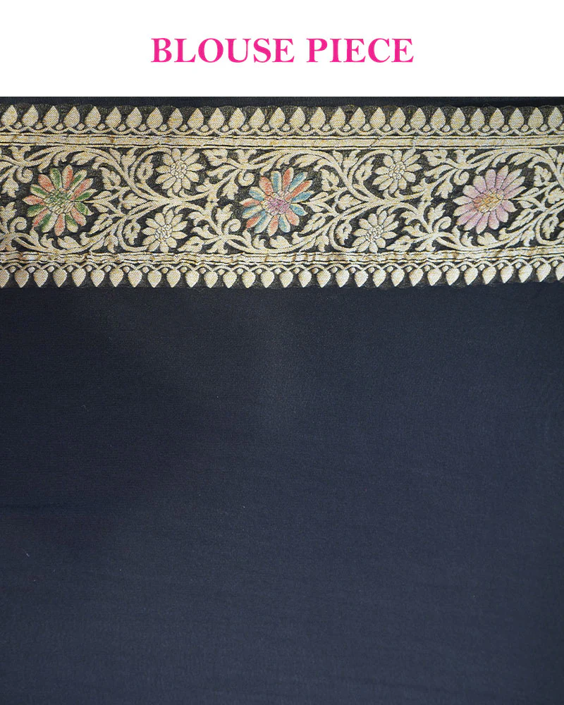 Black Banarasi Georgette Saree with Multicolor Zari Weave and Unstitched Blouse - Image 6