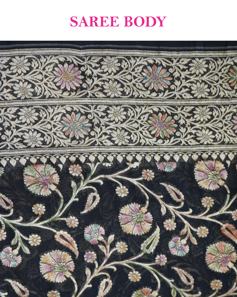 Black Banarasi Georgette Saree with Multicolor Zari Weave and Unstitched Blouse - Image 7