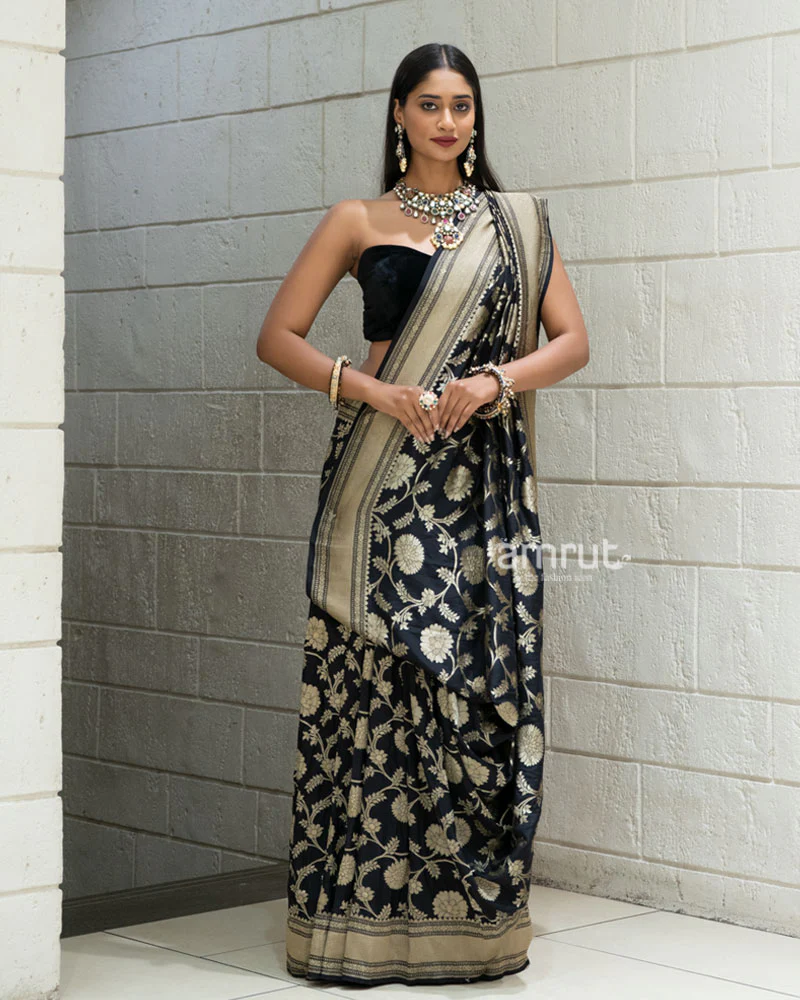 Black Banarasi Georgette Saree with Rich Golden Zari Weave and Unstitched Blouse - Image 4