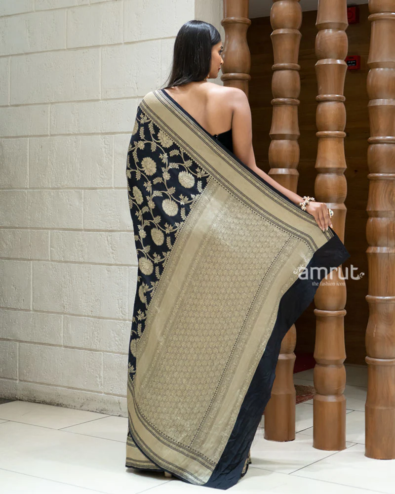 Black Banarasi Georgette Saree with Rich Golden Zari Weave and Unstitched Blouse - Image 5