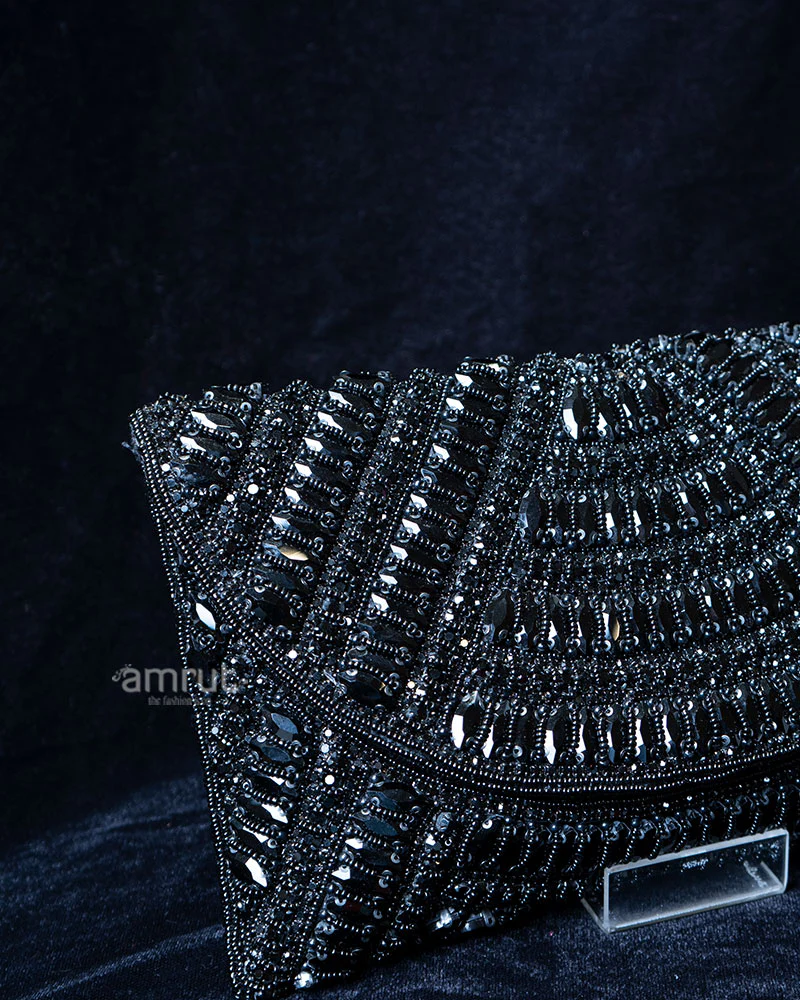 Black Beaded Envelope with Rhinestone Accents Clutch Handbag - Image 2