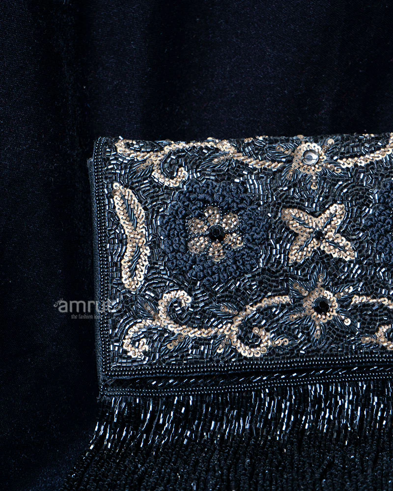 Black Beaded Floral and Scrollwork with Fringe Clutch - Image 2