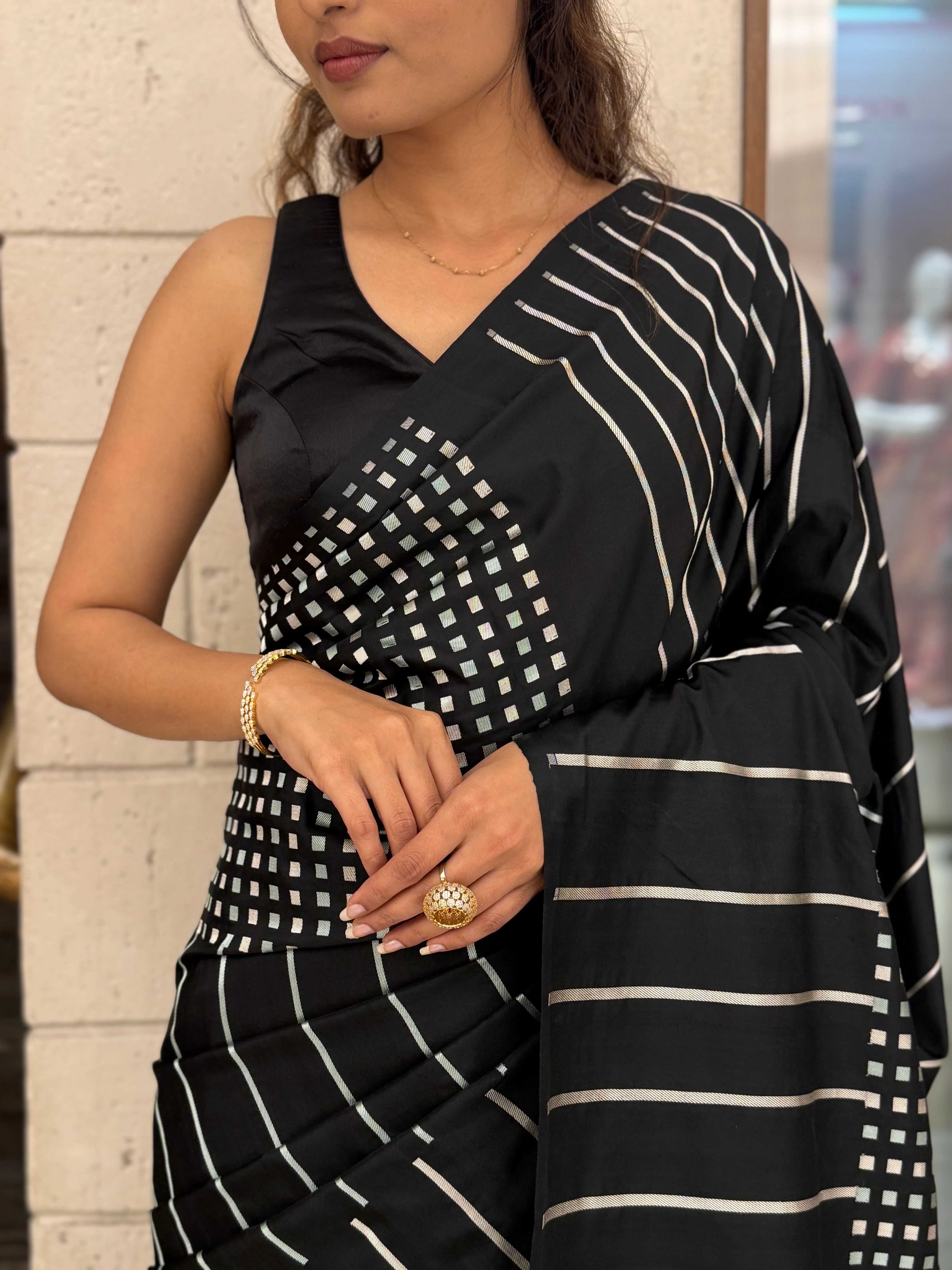 Black Contemporary Striped Designer Saree with Silver Accents - Image 2