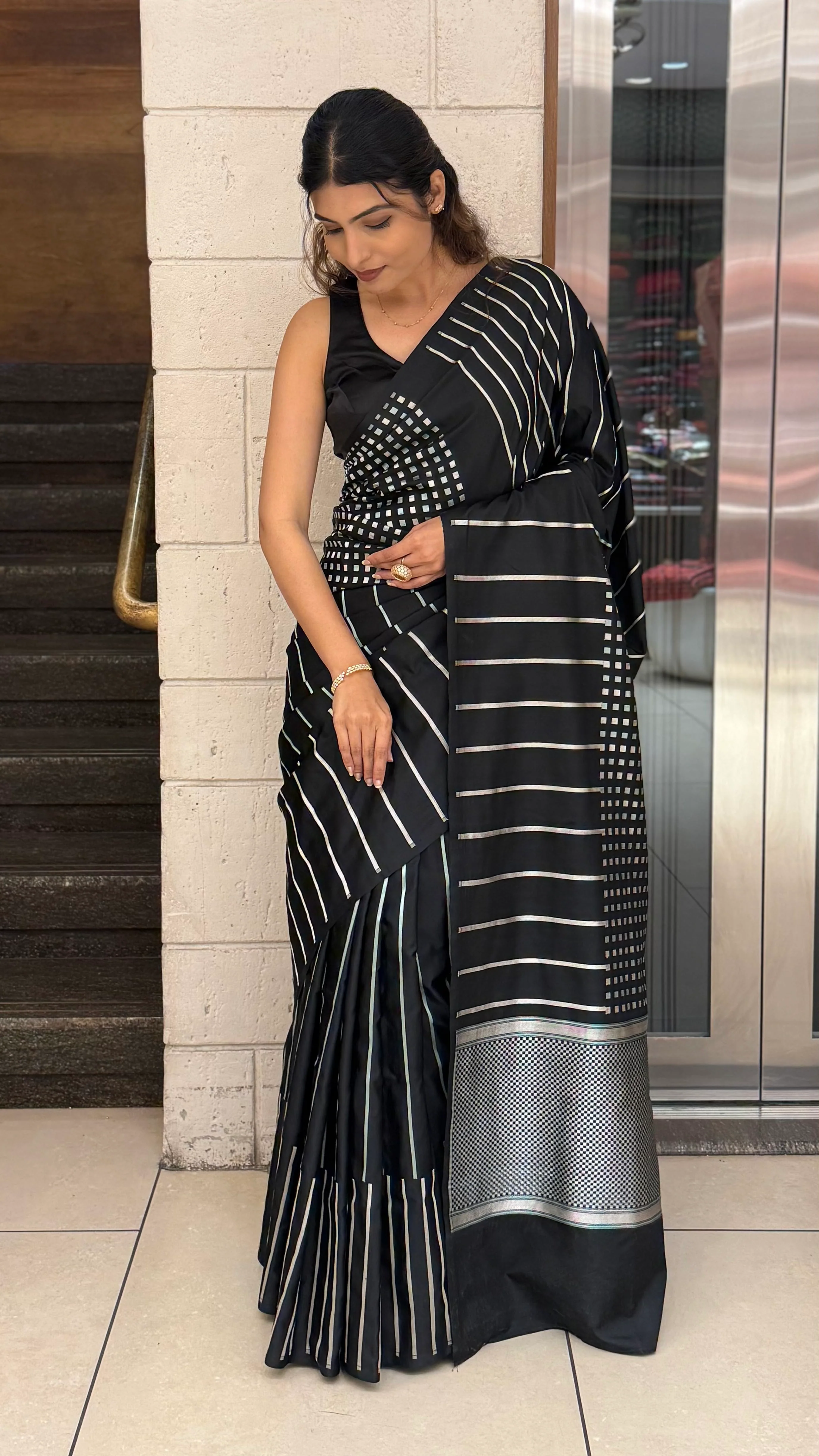 Black Contemporary Striped Designer Saree with Silver Accents - Image 3