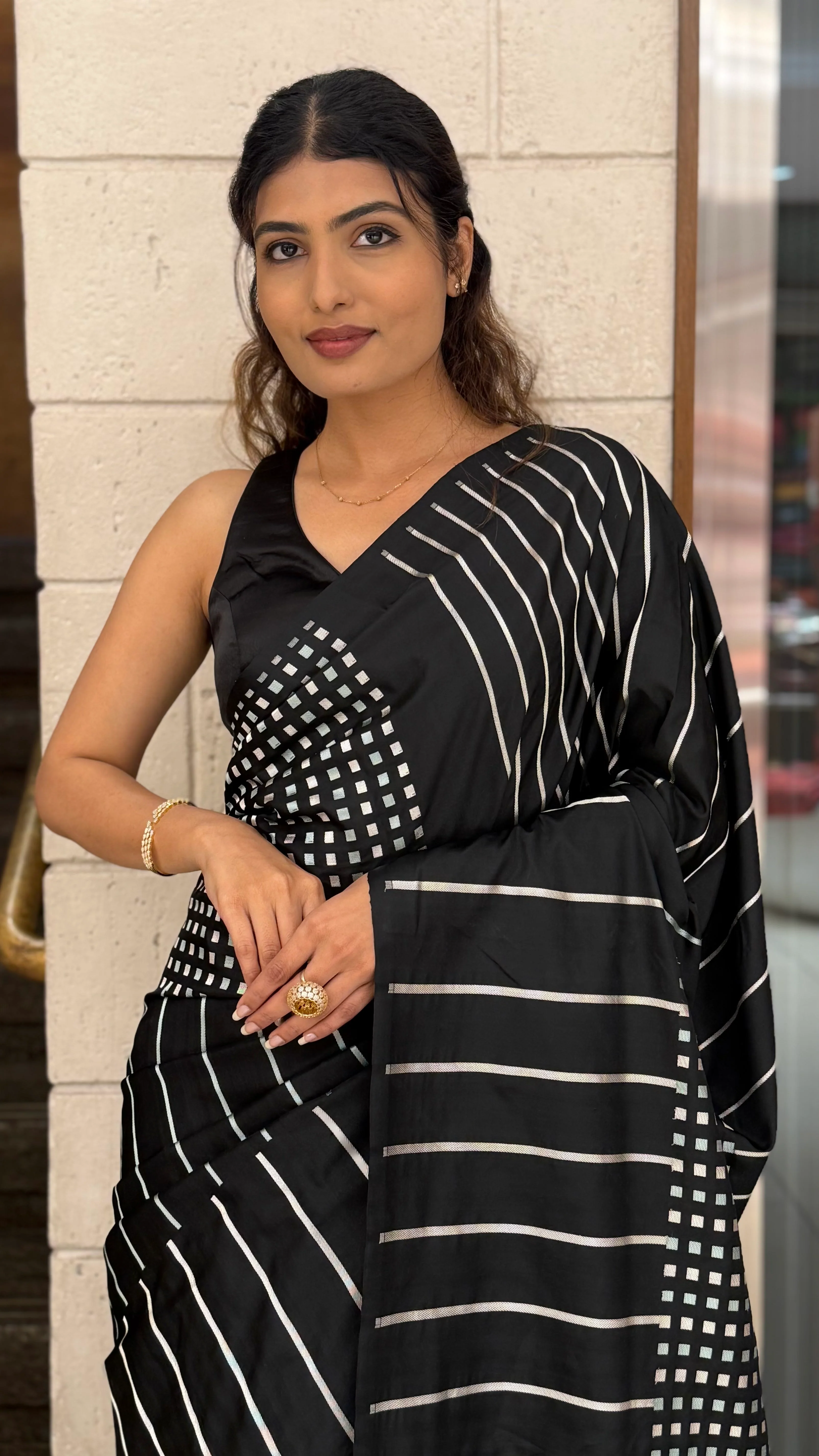 Black Contemporary Striped Designer Saree with Silver Accents - Image 4