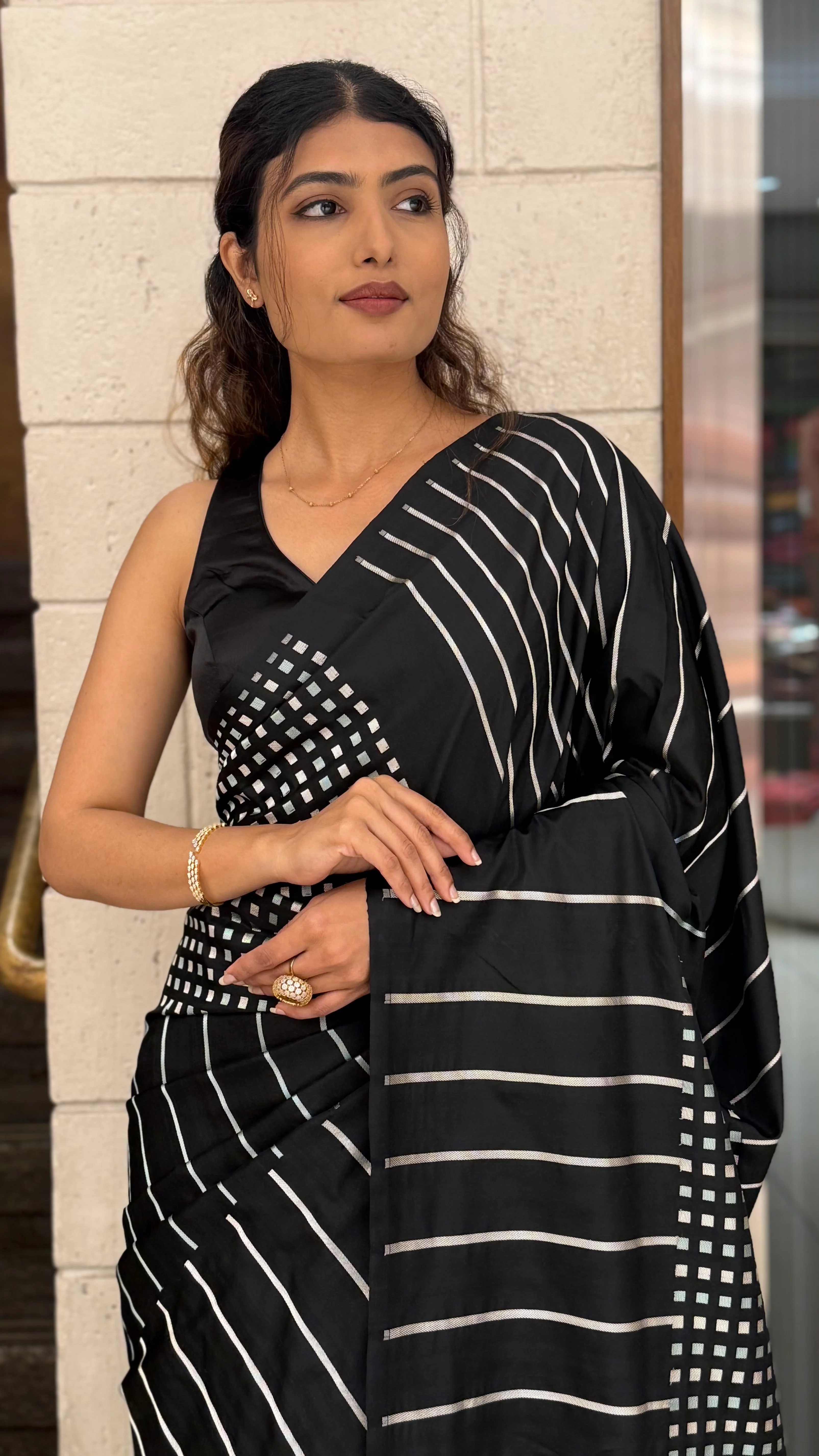 Black Contemporary Striped Designer Saree with Silver Accents - Image 5