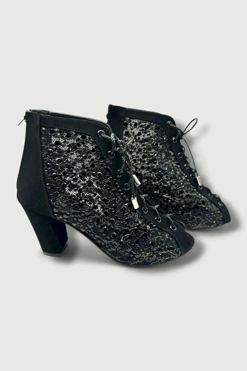 Black Crystal Embellished Mesh Lace-Up Peep-Toe Heels - Image 2