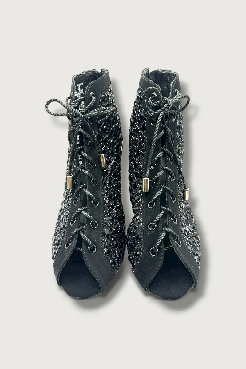 Black Crystal Embellished Mesh Lace-Up Peep-Toe Heels - Image 3