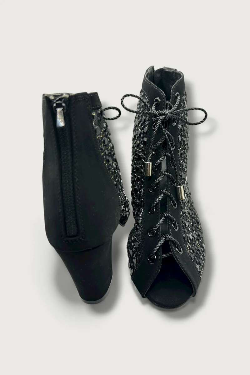 Black Crystal Embellished Mesh Lace-Up Peep-Toe Heels - Image 4
