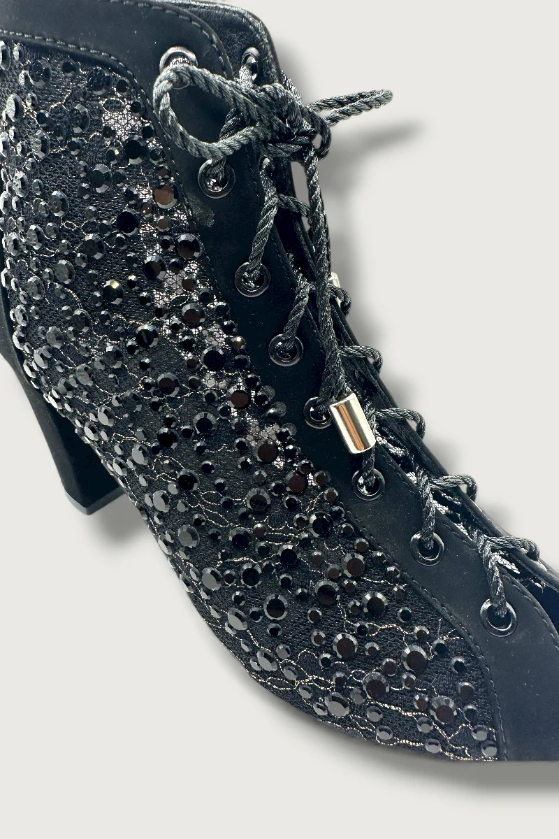 Black Crystal Embellished Mesh Lace-Up Peep-Toe Heels - Image 5