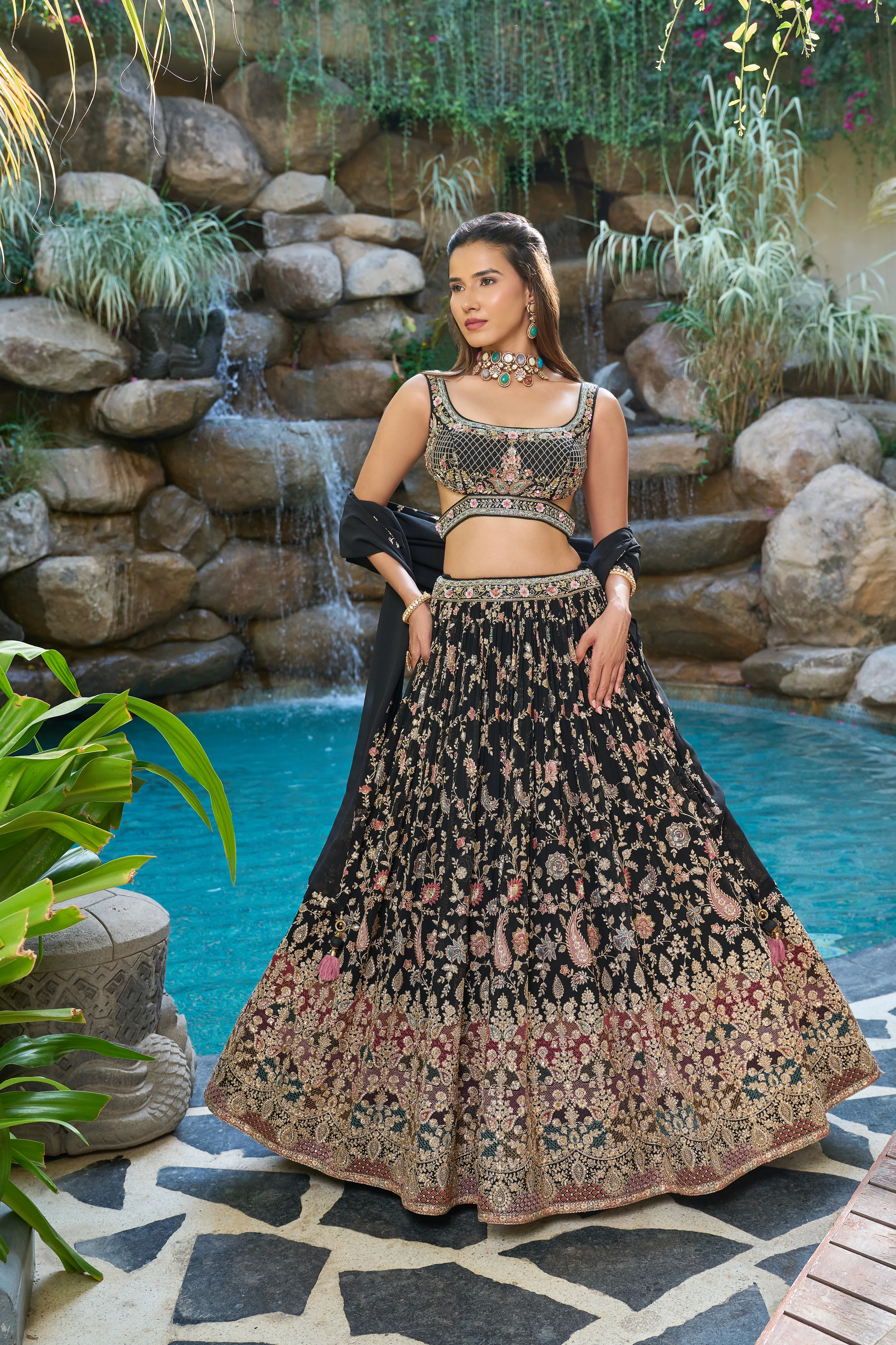Black Designer Lehenga Set with Floral Embroidery & Elegant Dupatta - Image 3