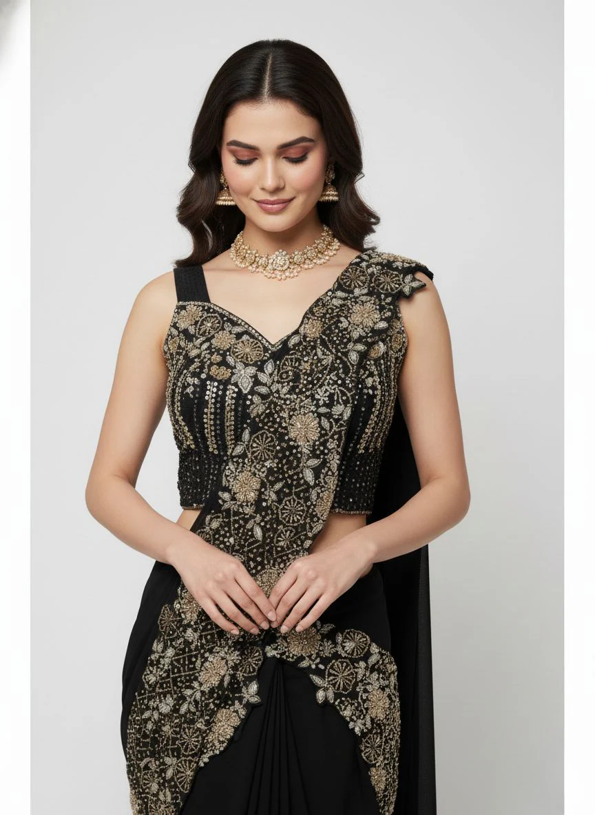 Black Designer Ready-to-Wear Saree with Heavy Gold Embellished Blouse & Drape Detailing - Image 2