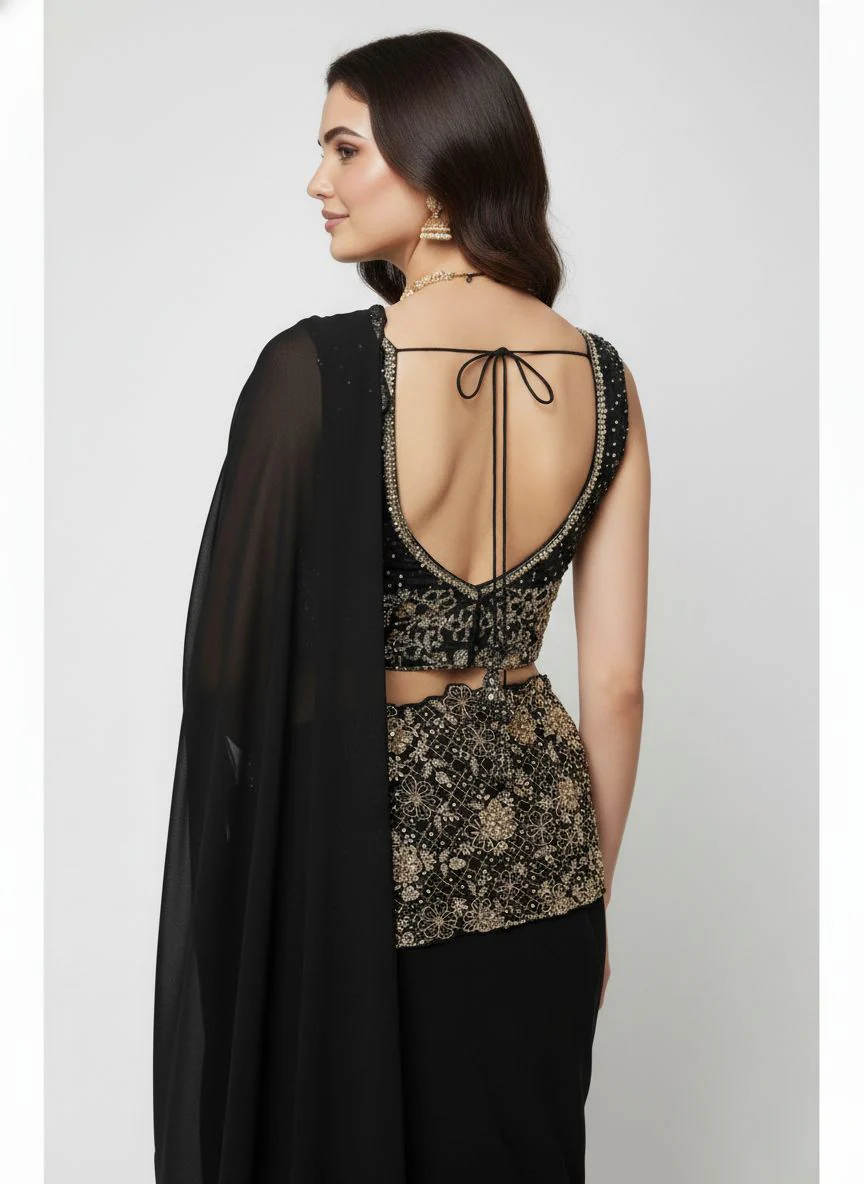 Black Designer Ready-to-Wear Saree with Heavy Gold Embellished Blouse & Drape Detailing - Image 3