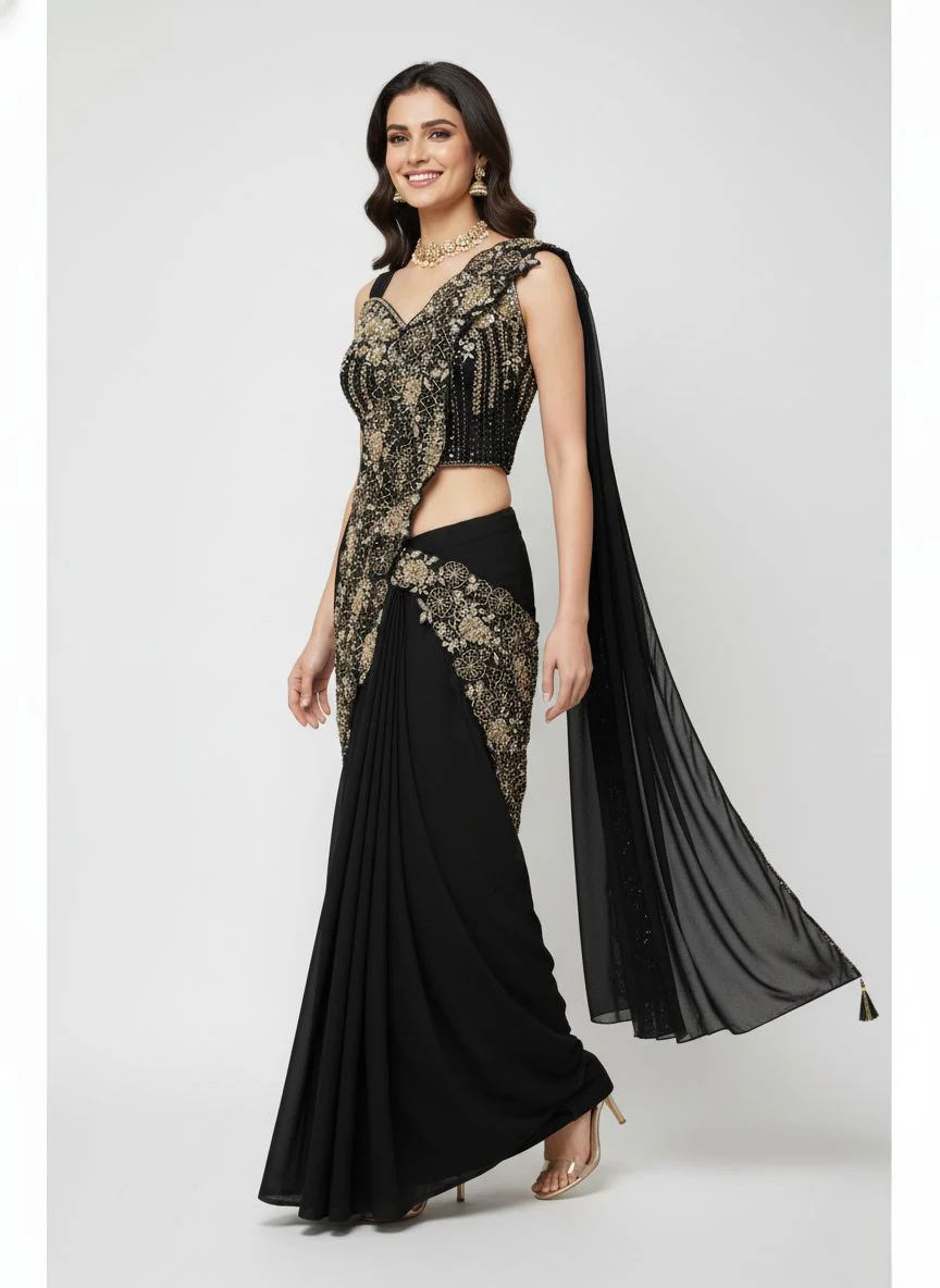 Black Designer Ready-to-Wear Saree with Heavy Gold Embellished Blouse & Drape Detailing - Image 4