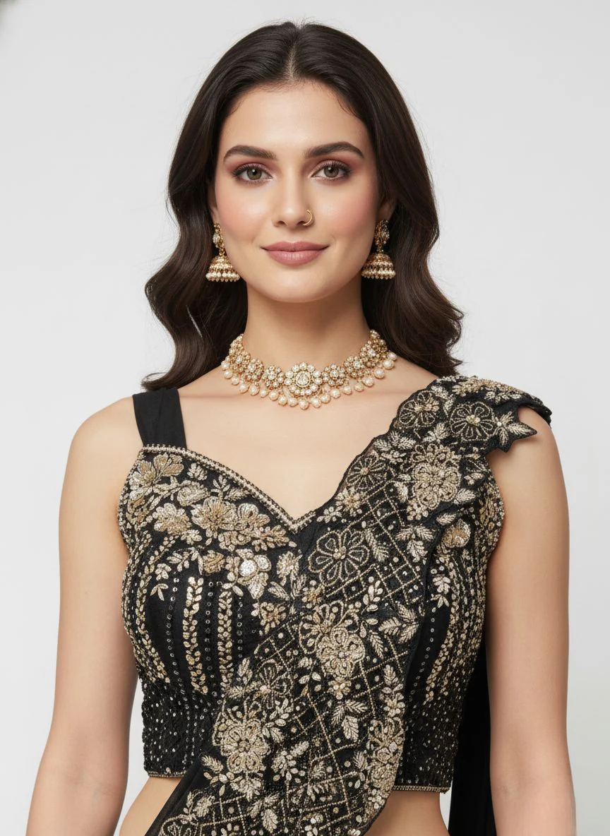 Black Designer Ready-to-Wear Saree with Heavy Gold Embellished Blouse & Drape Detailing - Image 5