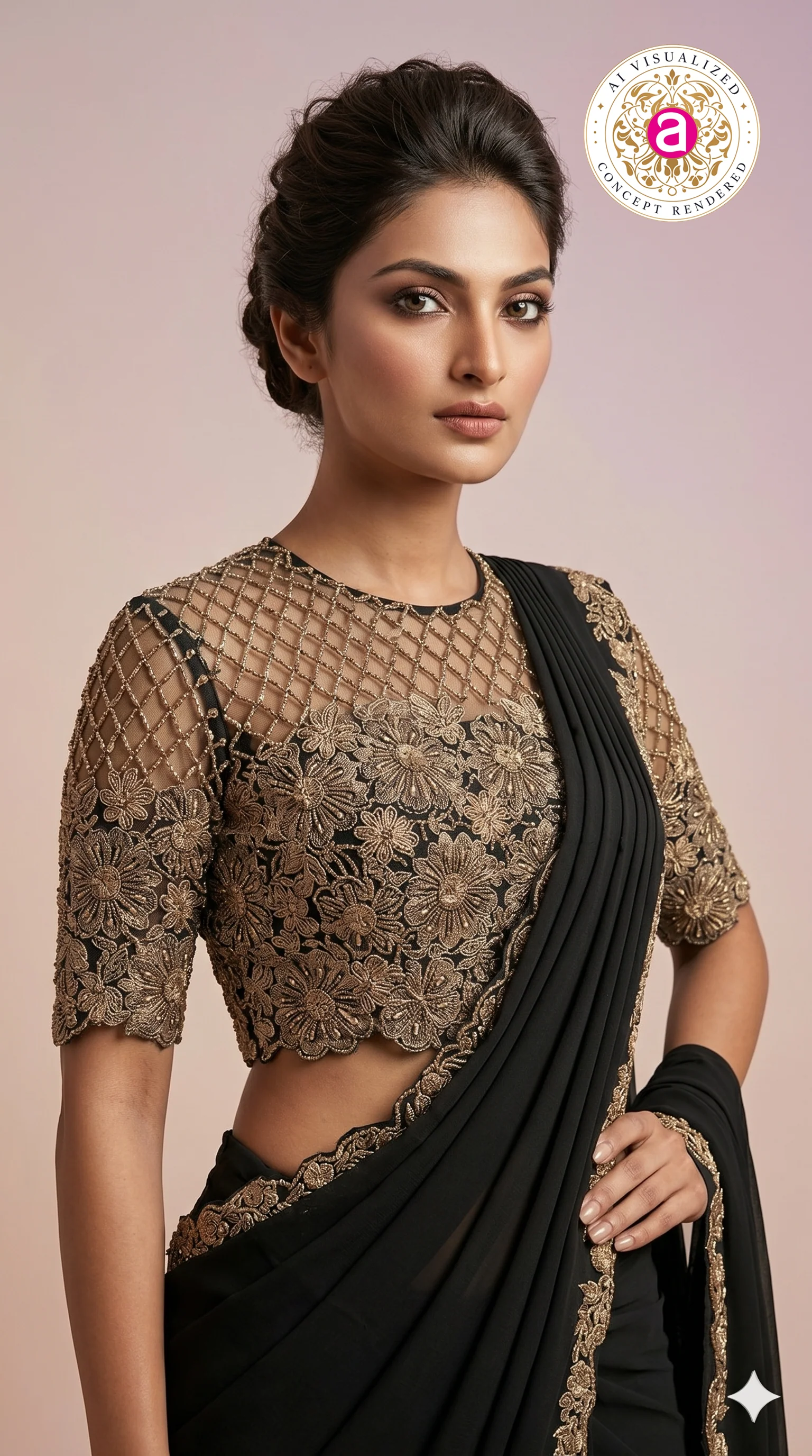 Black Designer Saree with Embroidered Blouse & Statement Border - Image 2