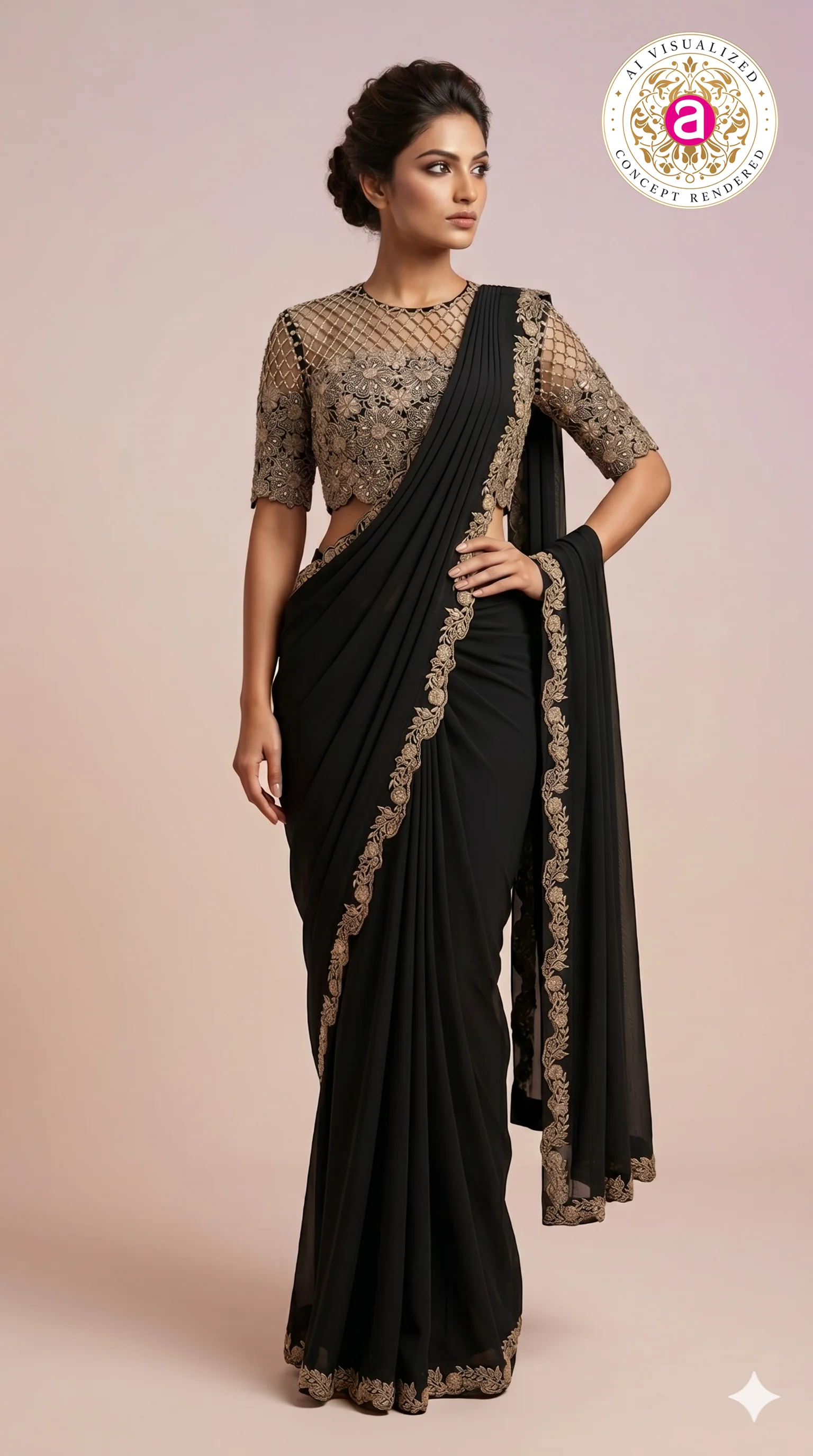 Black Designer Saree with Embroidered Blouse & Statement Border - Image 3