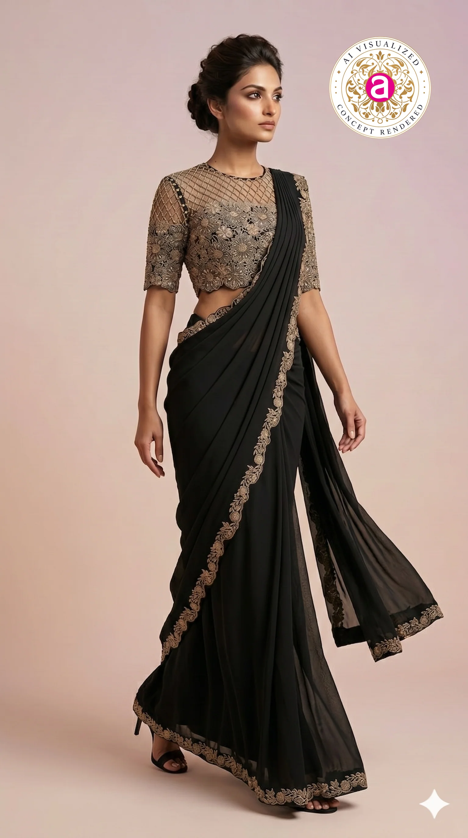 Black Designer Saree with Embroidered Blouse & Statement Border - Image 4
