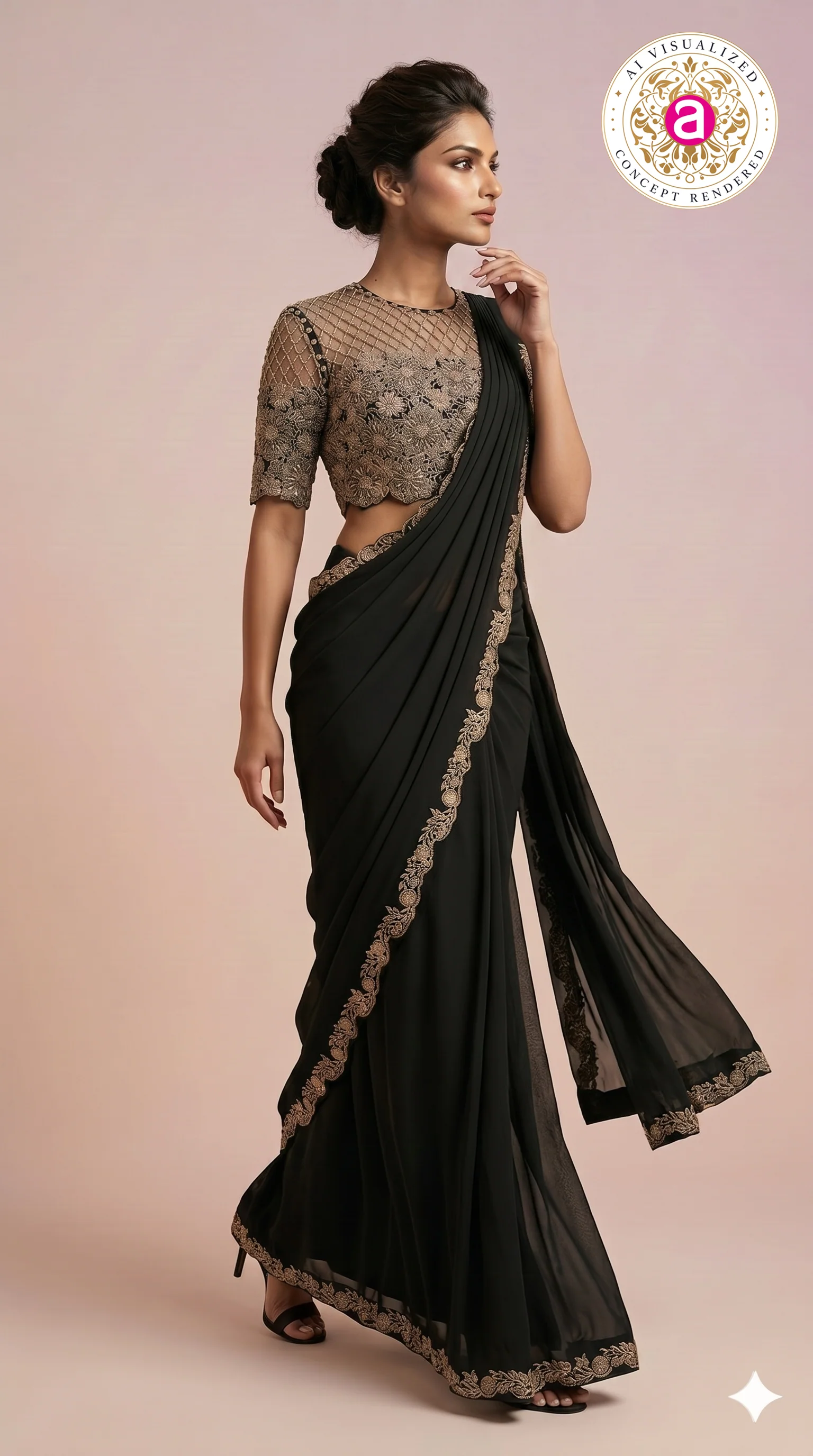 Black Designer Saree with Embroidered Blouse & Statement Border - Image 5
