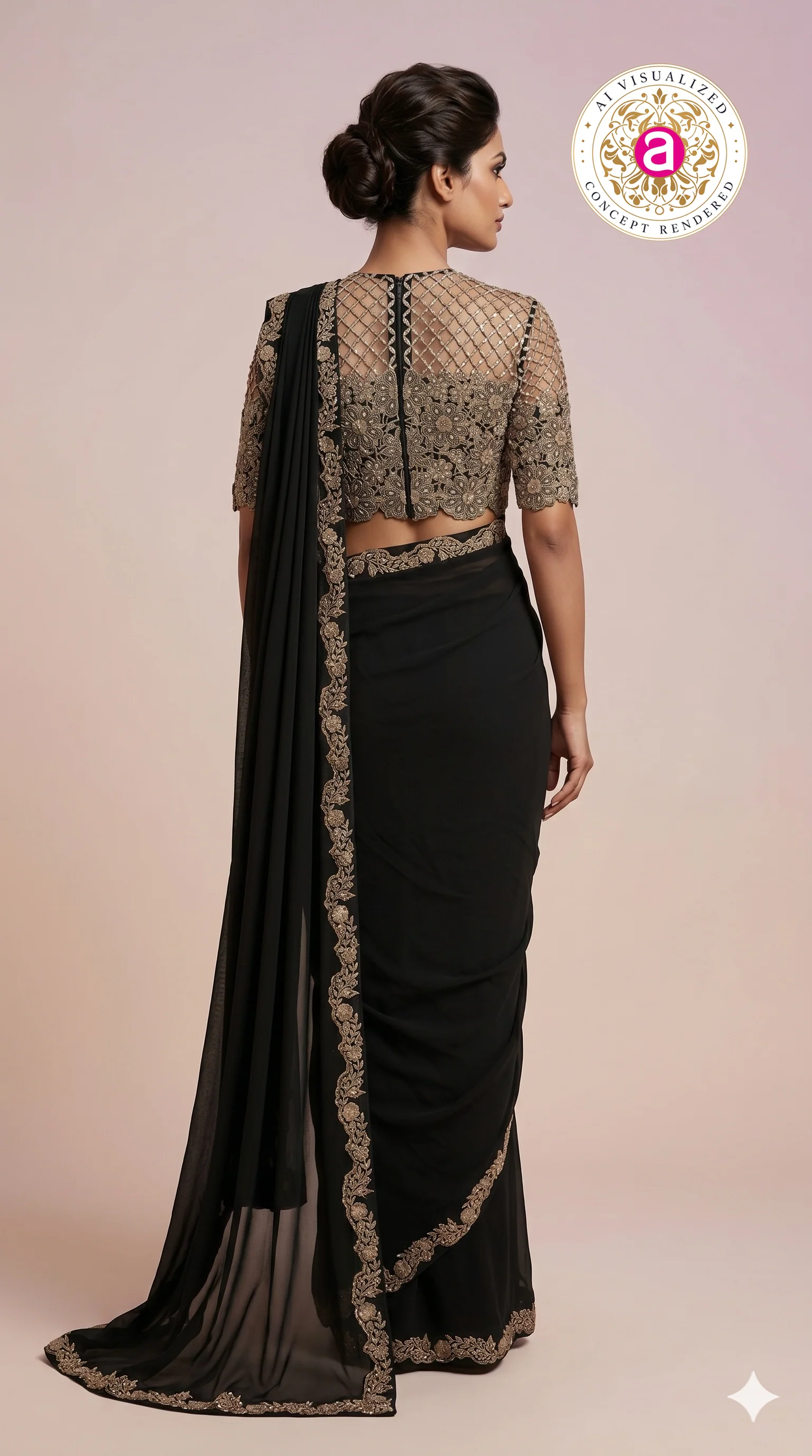 Black Designer Saree with Embroidered Blouse & Statement Border - Image 6